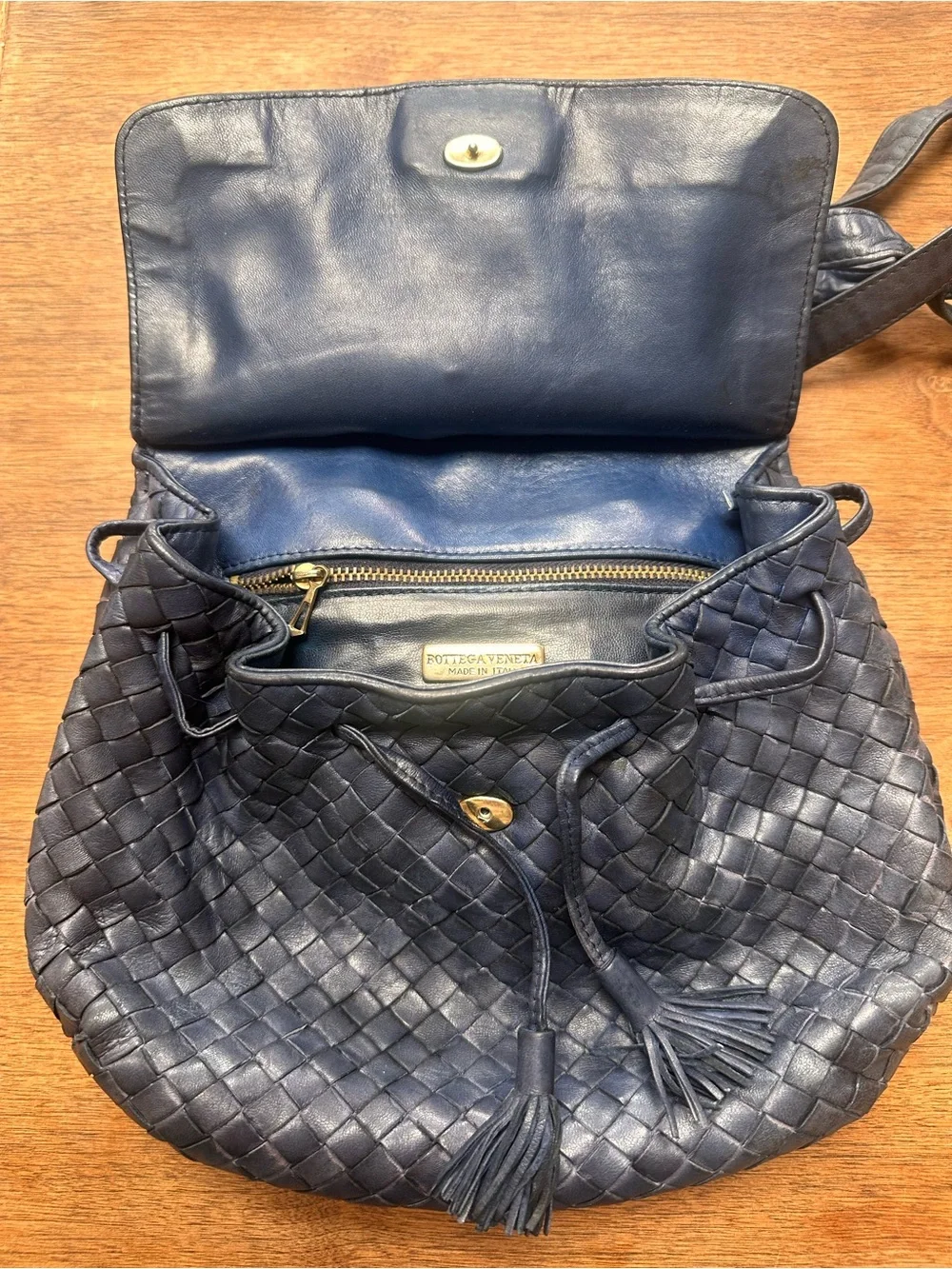 Bottega Veneta Navy Intrecciato Woven Leather Crossbody with Tassel - Picture 5 of 9